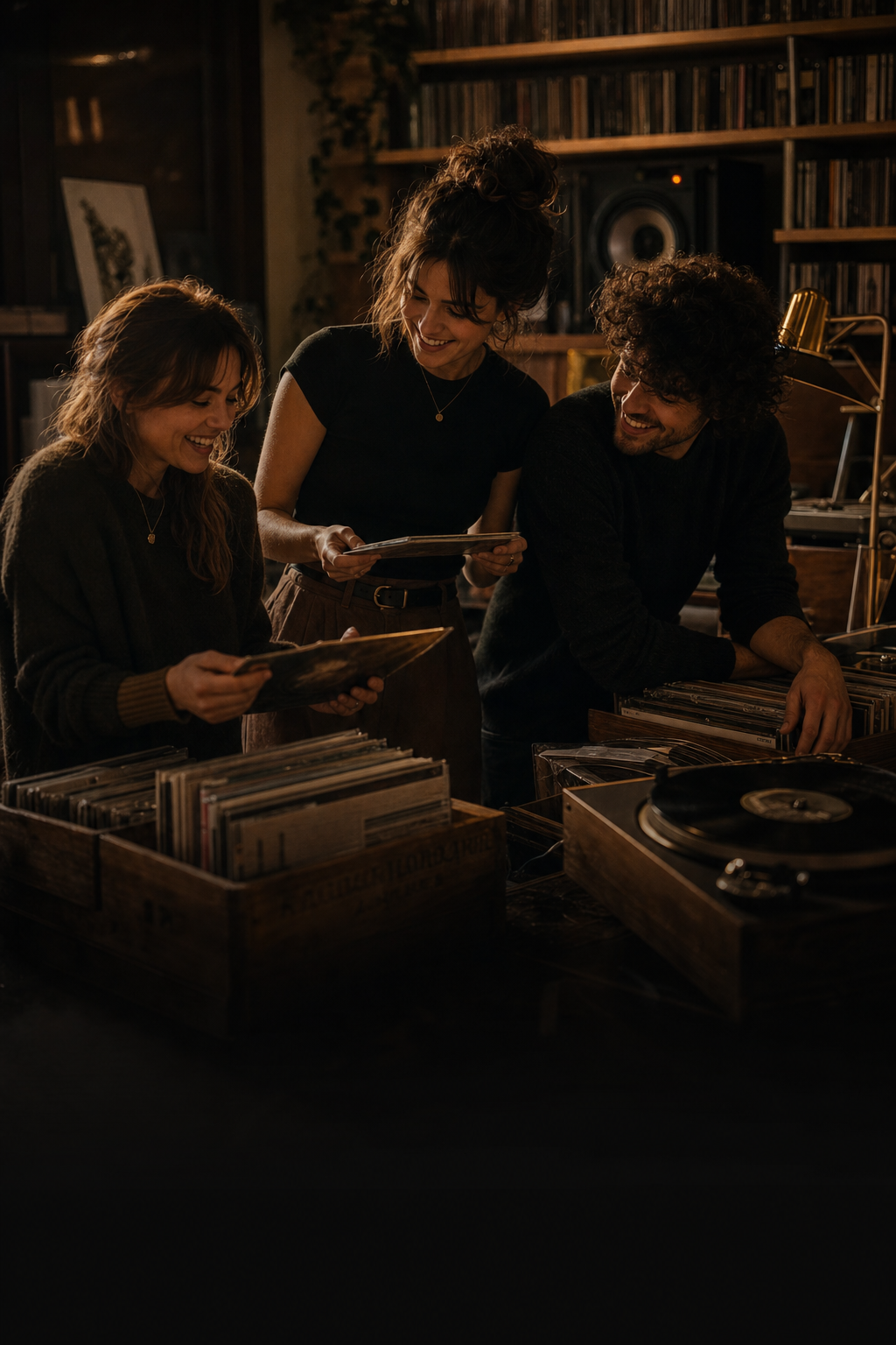 Friends browsing records together in a warm listening room