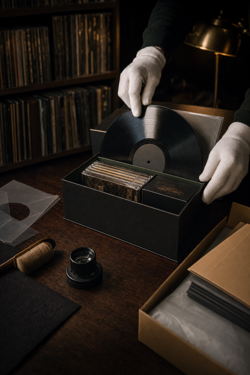 A white-gloved specialist inspecting records for fulfillment
