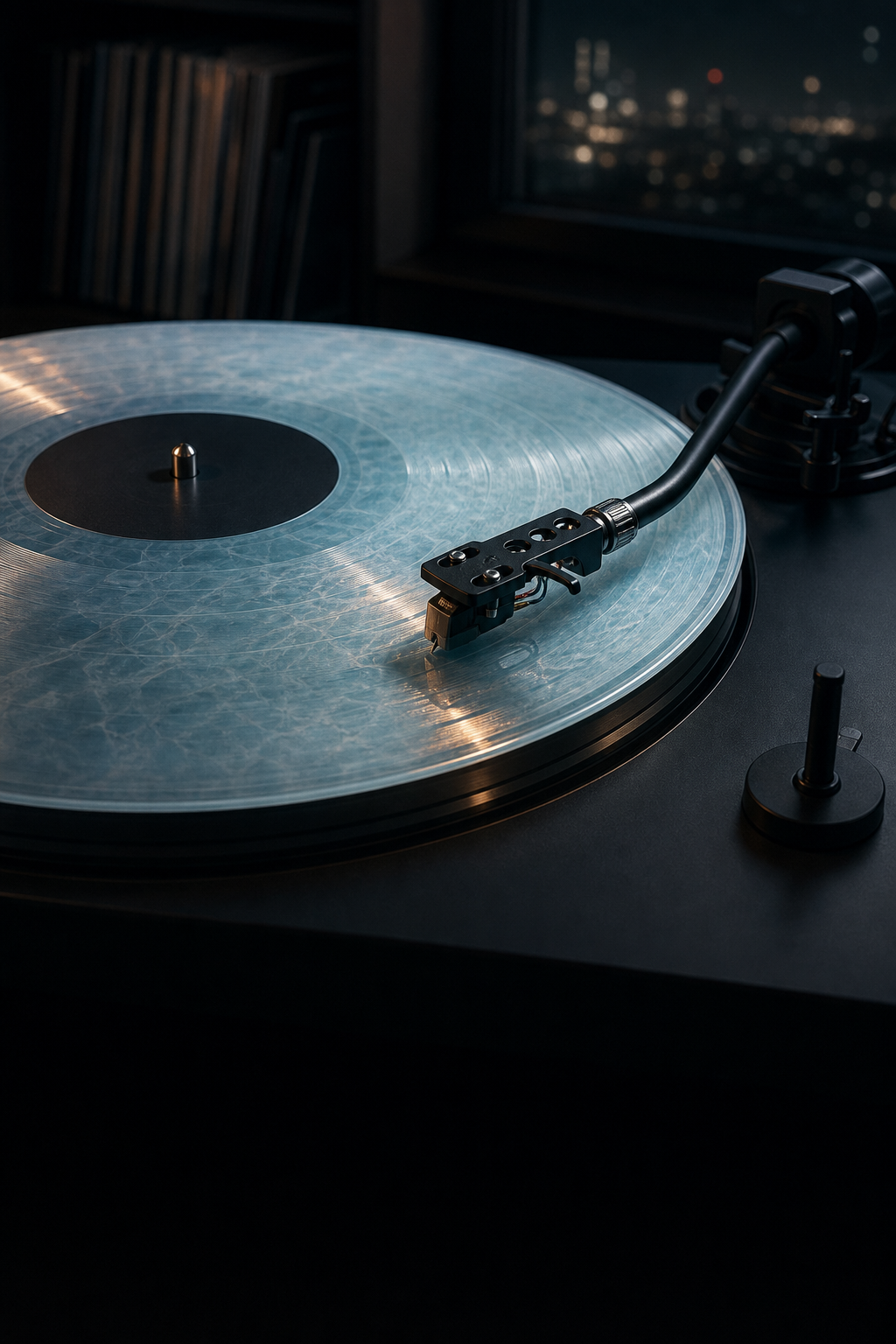 A translucent record playing on a premium turntable